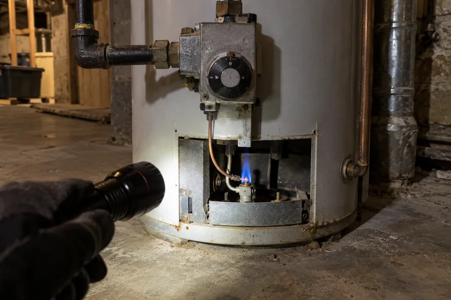 Open burner compartment of a gas water heater in a ranch-house basement