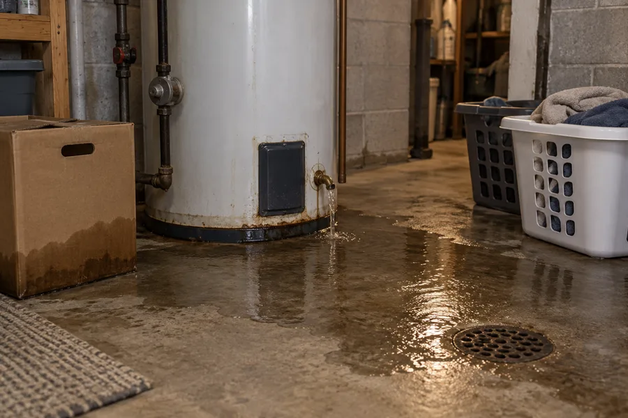 Water pooling under a tank water heater on a basement floor