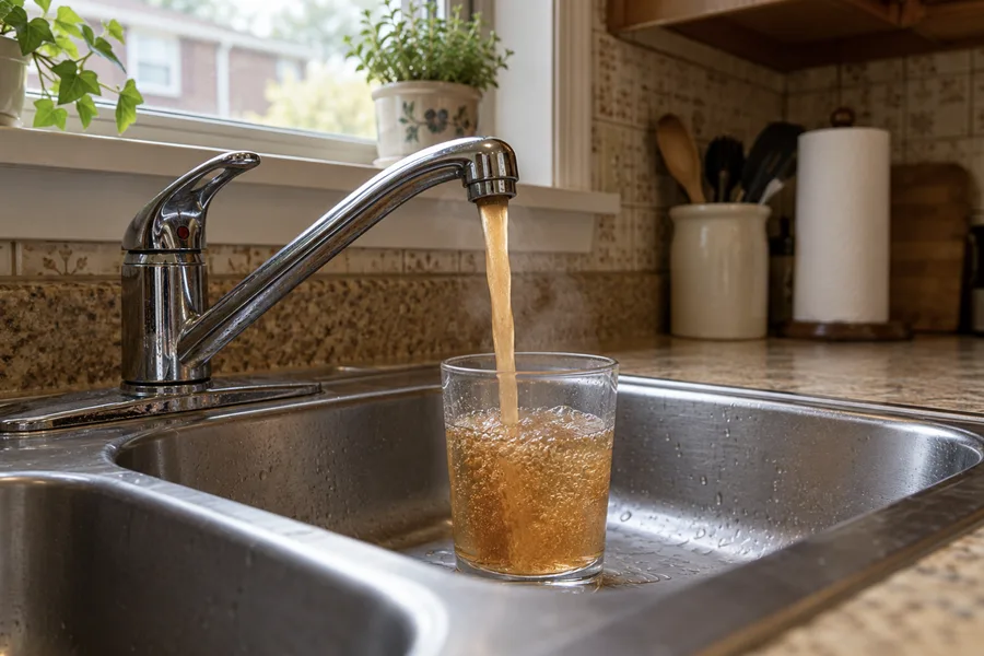 Rust-tinted hot water filling a glass at a kitchen sink