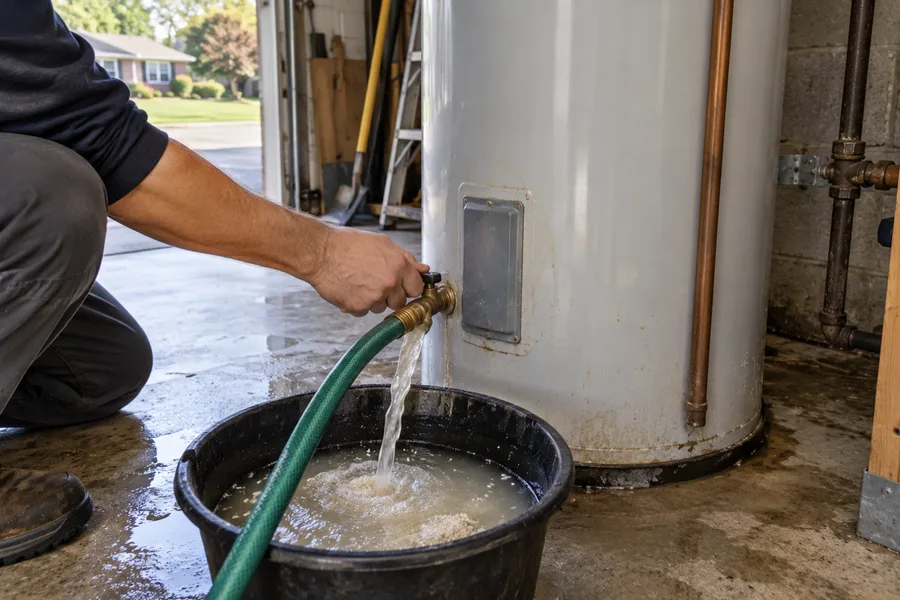 Tank water heater being flushed through a hose into a bucket
